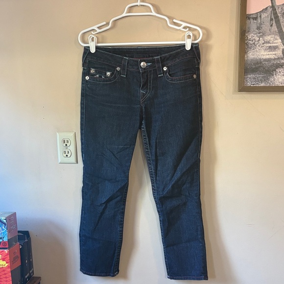 True Religion Dark Rinse Americana Chain Denim Capri Size 28 Y2K - Picture 1 of 10